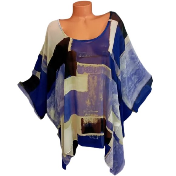 26/28 Plus Size Lane bryant blue black abstract sheer see through batwing top - Picture 3 of 10